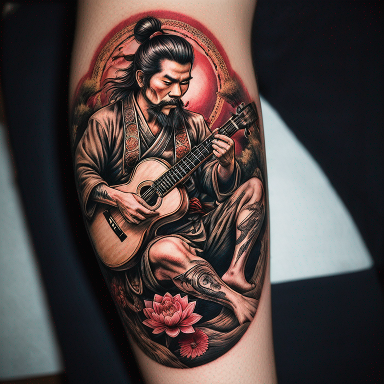 Samurai en mandalas en un bosque de árboles de cerezos neotradicional buscando la iluminación en modo zen con un dragón elevándose a una guitarra acústica en la espalda-tattoo