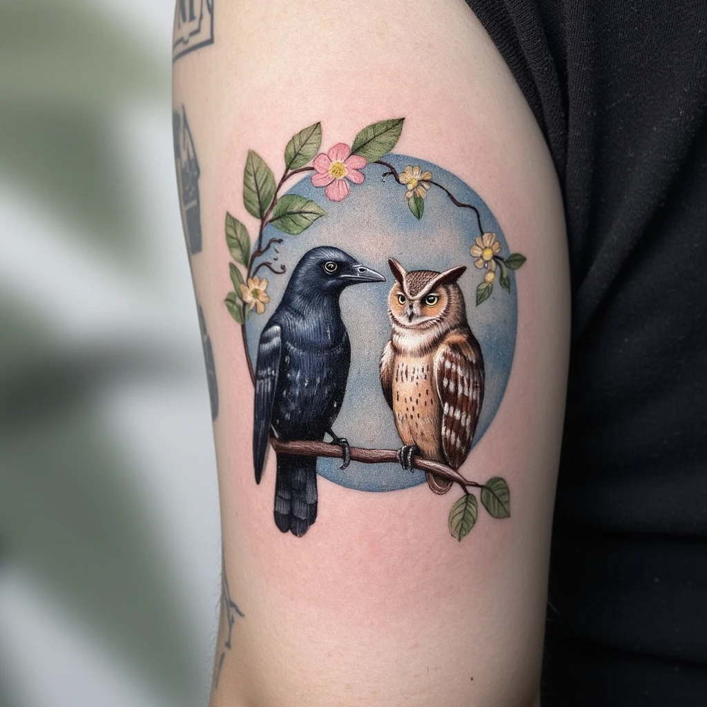 oak with crow and owl-tattoo