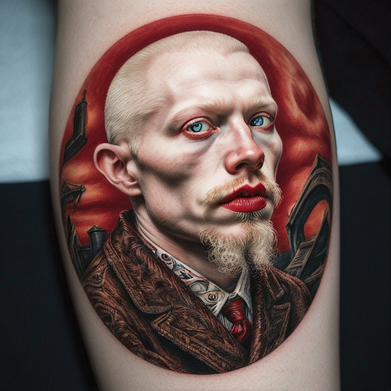 Un furet albinos aux yeux rouges, descendant sur l'épaule, l'arrière train sur le trapèze et le visage sur l'épaule,-tattoo