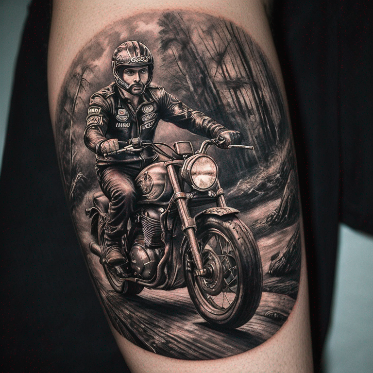 Chico en moto con curvas al fondo-tattoo