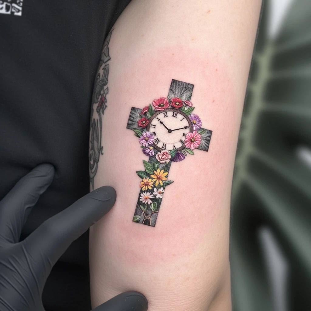 tatuaje para parte exterior del antebrazo con fondo de nubes un  reloj de numero romanos una cruz la palabra familia la palabra loyalti y una flor-tattoo