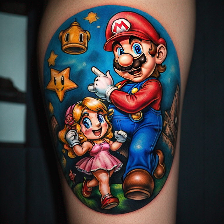 super mario carregando a princesa no ombro e ela com o bumbum aparecendo a calcinha-tattoo