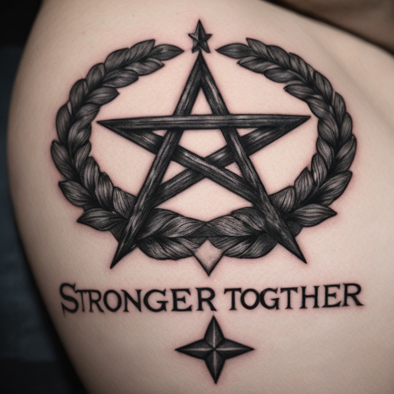 Stronger together en italique et une écriture curcive, avec une couronne une étoile et le symbole alpha pour homme et femme discret-tattoo