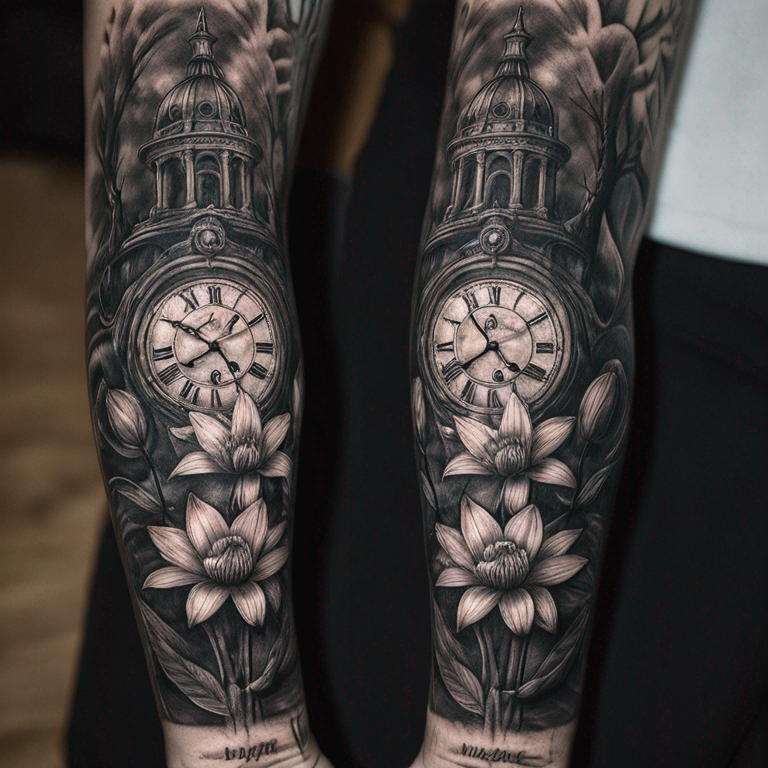 lys avec date et heure sur montre gousset-tattoo