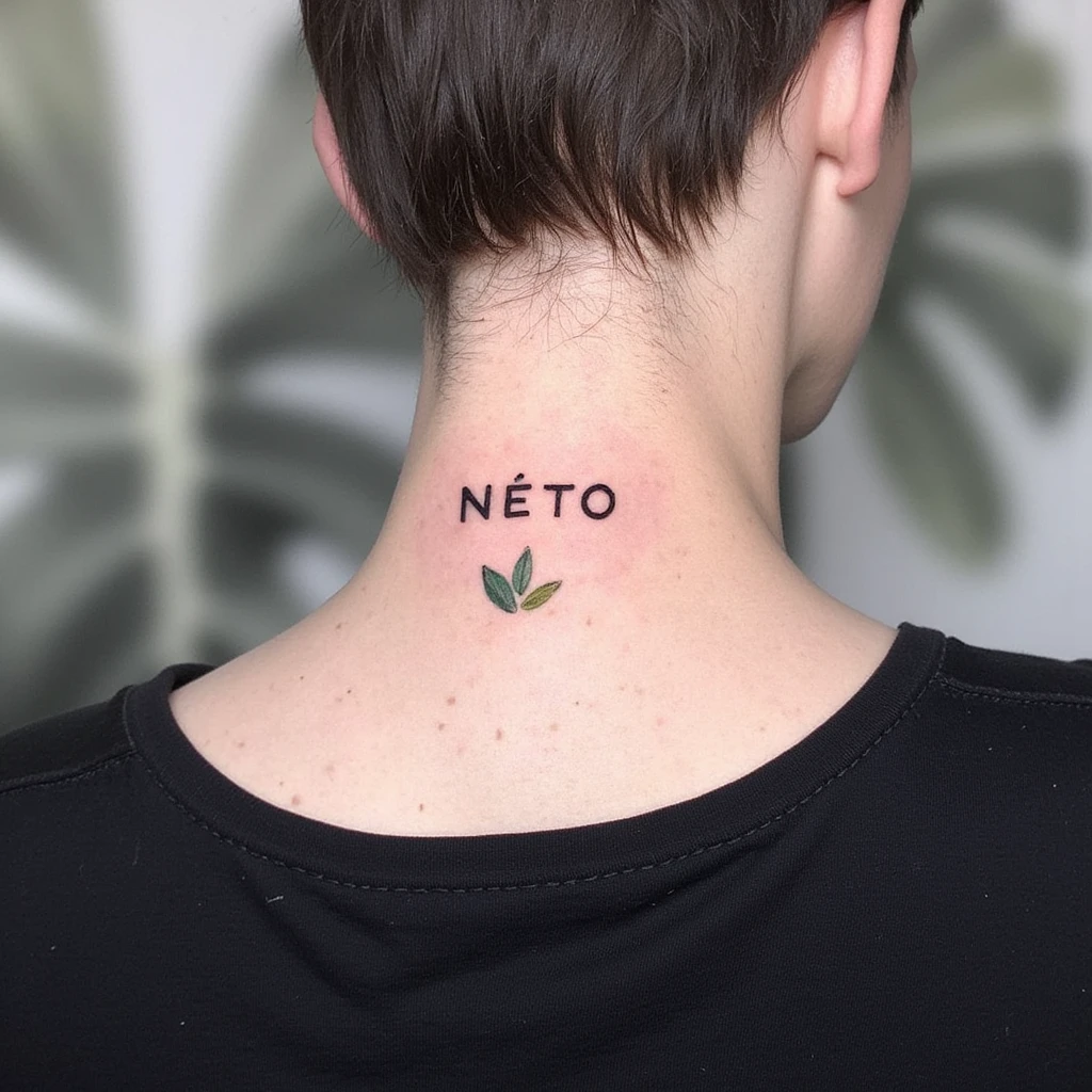 La palabra NETO haciendo forma para el cuello con letra góticas-tattoo