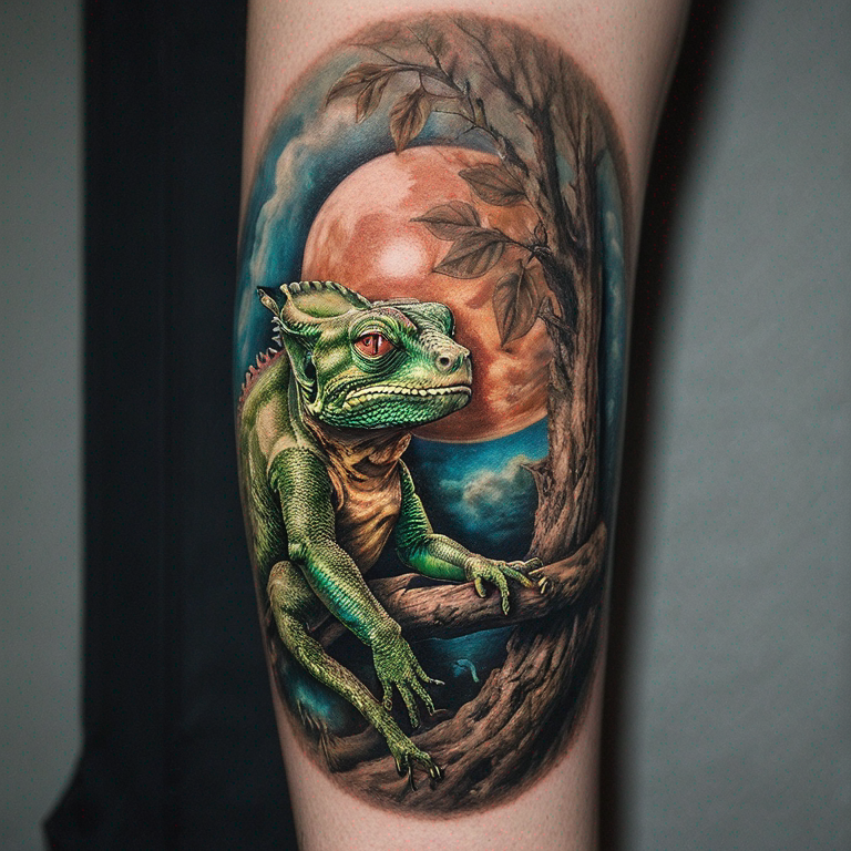 un caméléon sur une branche, qui fume une cigarette-tattoo