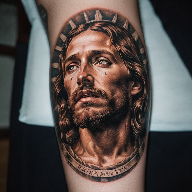 Un tatouage de jesus qui regarde vers le bas avec un sentiment de dépis-tattoo