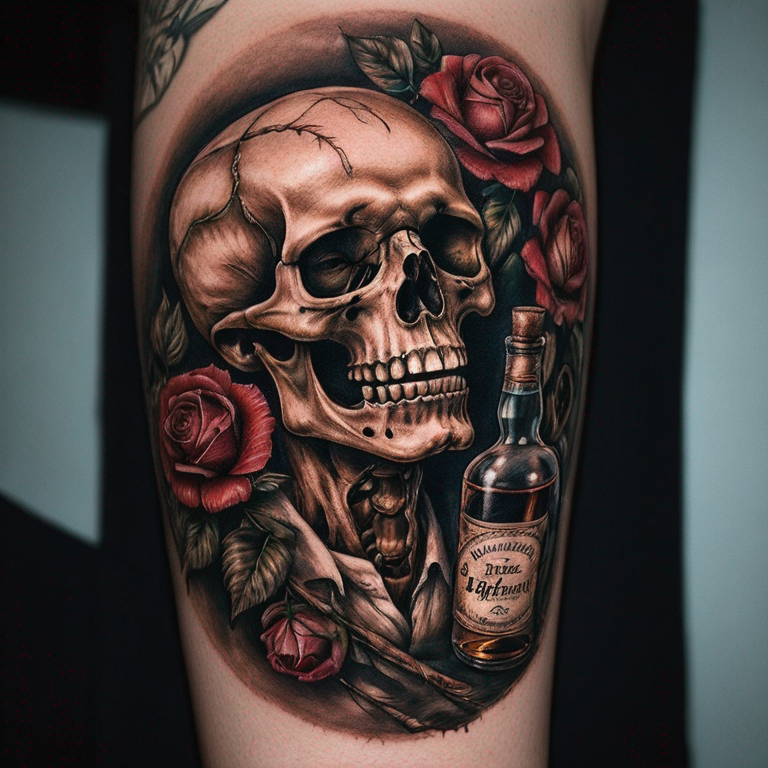 ein ganzes Skelett mit Rosen bewachsen, dass Kopfhörer auf hat und eine Whisky Flasche hält-tattoo