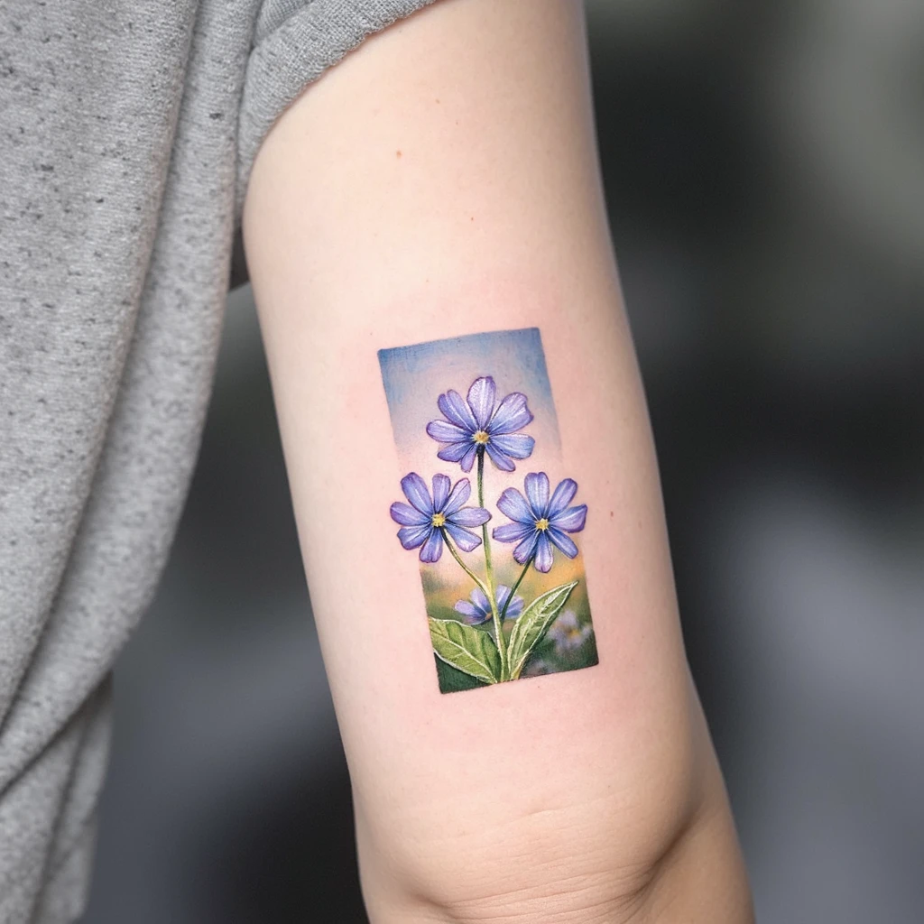 ca serait 4 forget me not mais dans le style un peu ombragé qui partirait de l'épaule et irait jusqu'au dessus du plie coude-tattoo