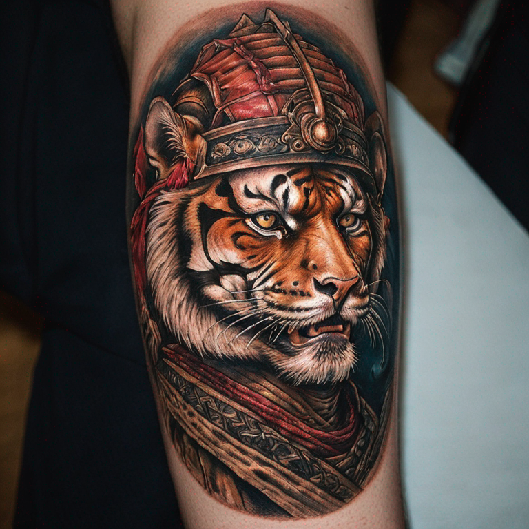 cabeza de tigre con casco samurai-tattoo