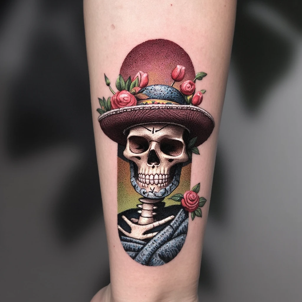 tete de mort mexicaine avec un sombrero facon patch-tattoo