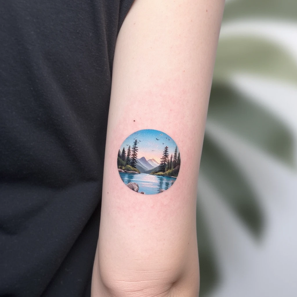 black minimalistic tattoo with pine trees and mountain range in the background on bicep-tattoo