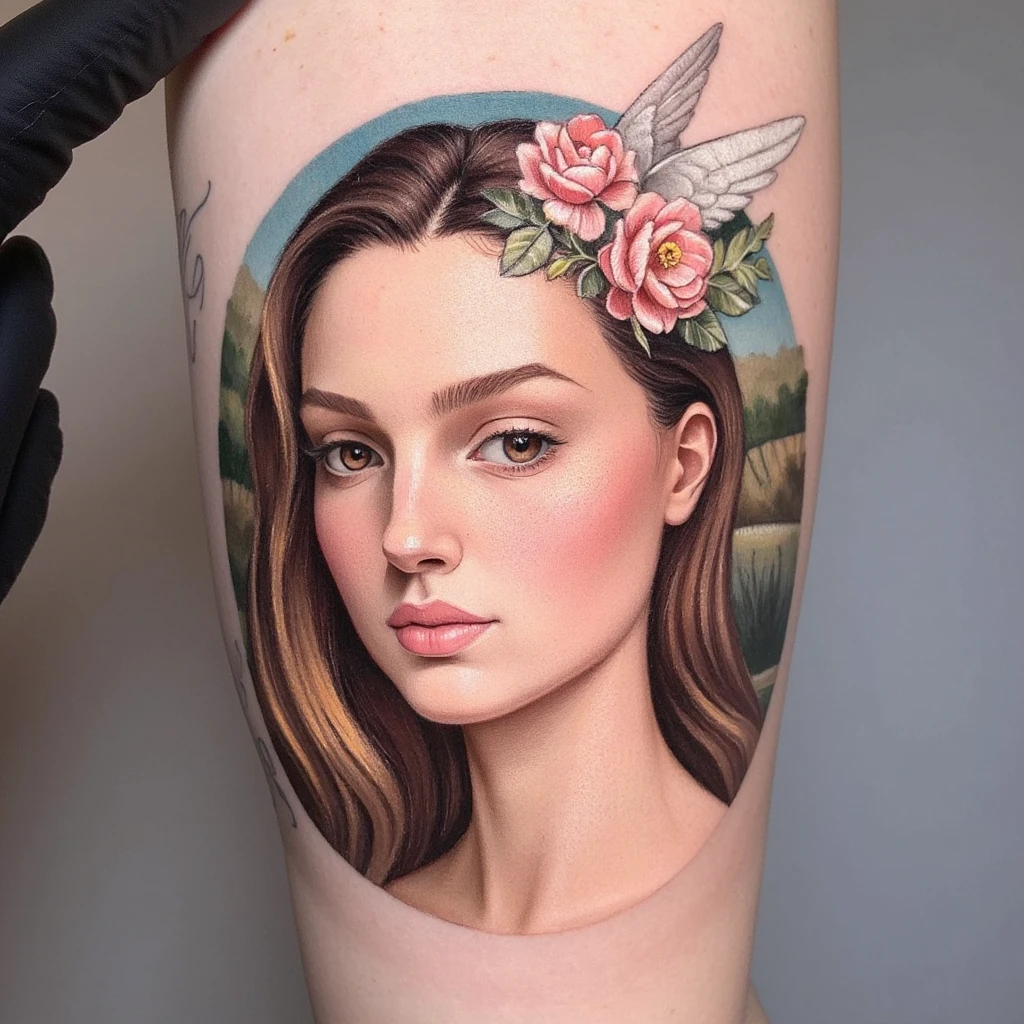 Una chica con un ángel a cada lado que son mujeres, expresando como que están con ella y hay rosas-tattoo