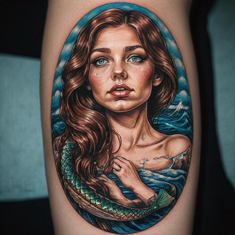 OLD SCHOOL MERMAID STONE SEA WHIT BROWN HAIR AND BLUE EYES-tattoo