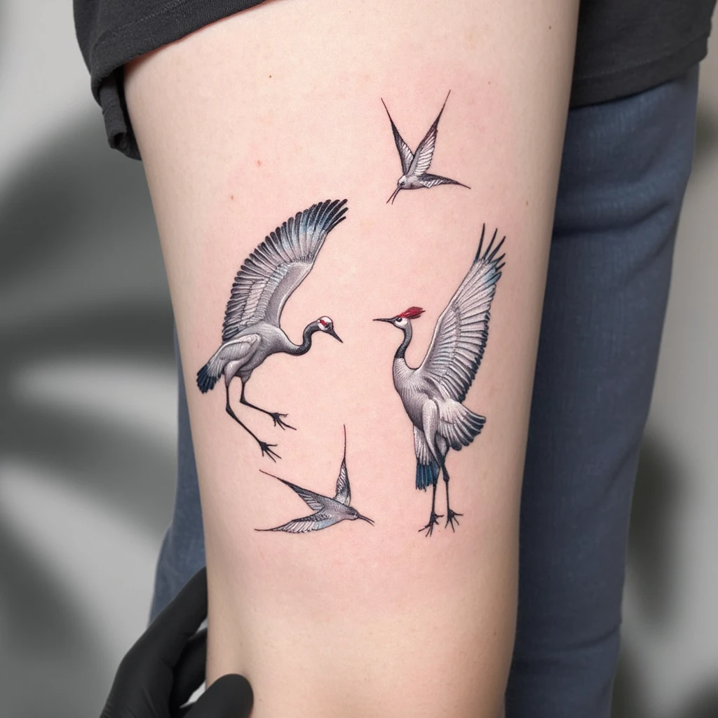 2 cranes humains réalistes l'un au dessus de l'autre  avec des ailes d'oiseaux qui sortent du premier crane et de la fumer-tattoo