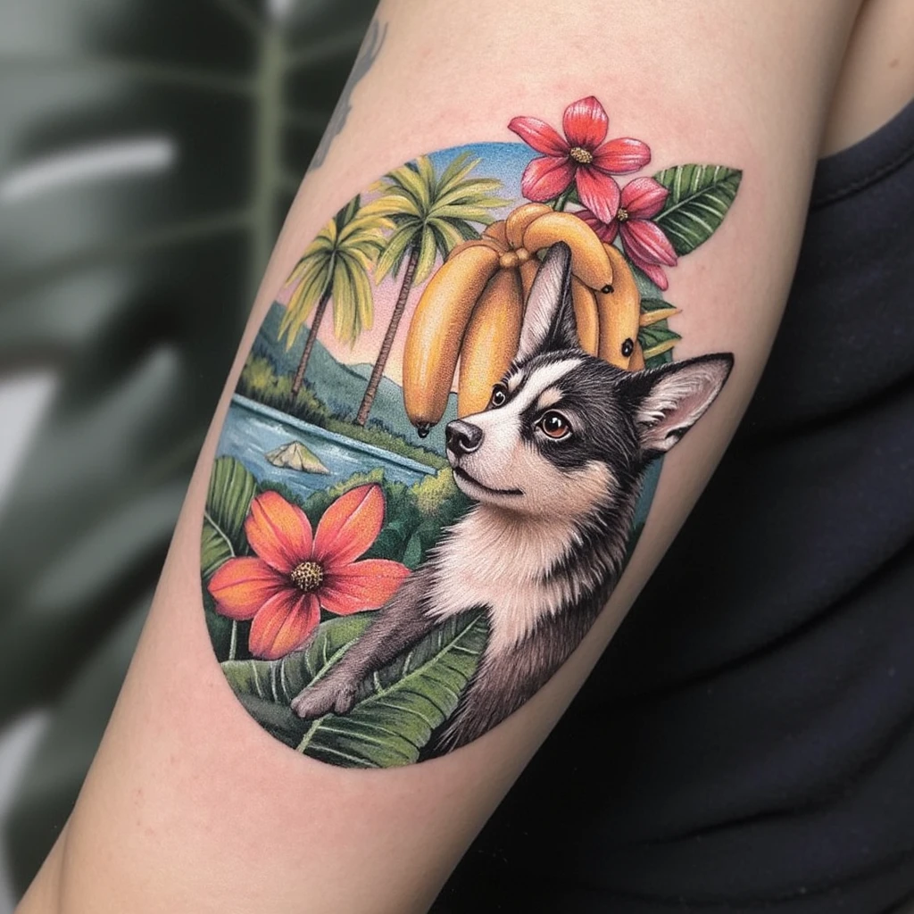 floresta tropical com indigena, ra, macaco, bananeiras, costela de adao-tattoo