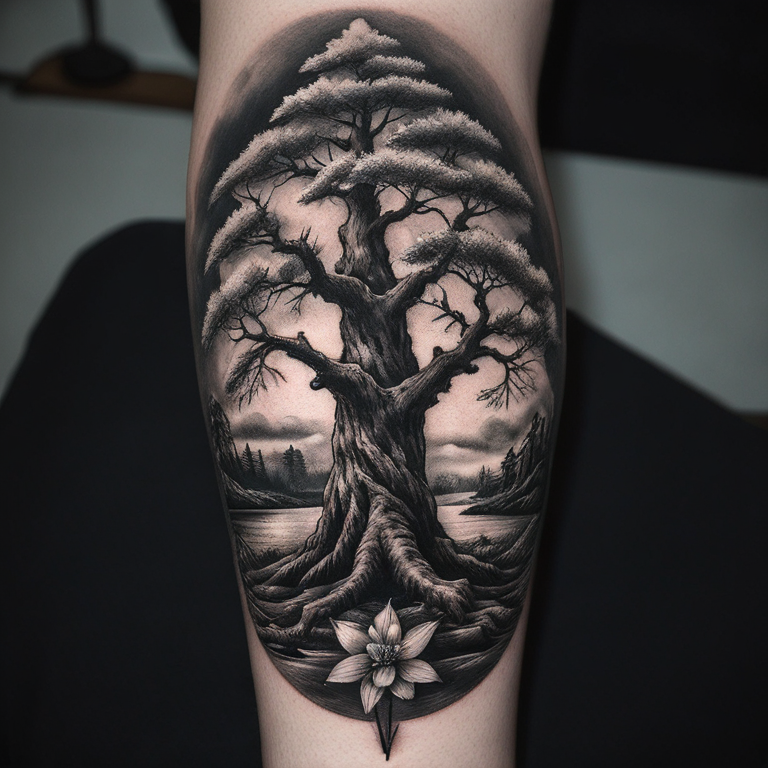 ein Kirschbaum Bonsaibaum in black & grey mit stark verbogenem Stamm-tattoo