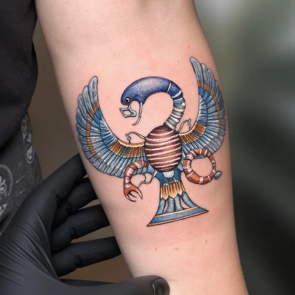 tatouage qui mélange une croix d'ankh, l'oeil d'horus, un scorpion, les sceptres du pharaon et les ailes d'isis-tattoo