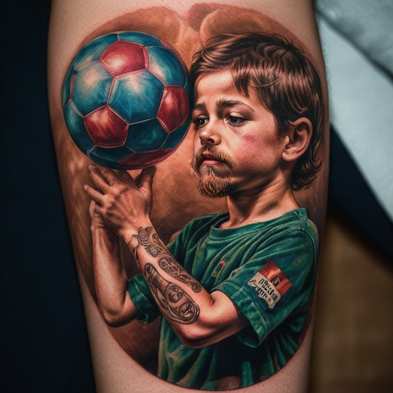 León rugiendo y niño pequeño con un balón-tattoo