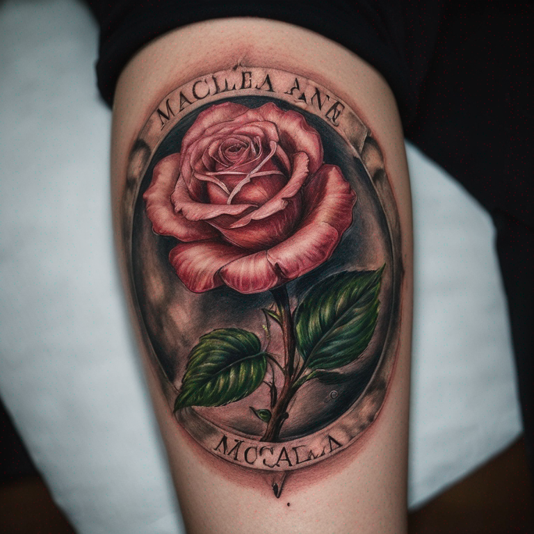 scritta con il nome  Micaela e a fianco una rosa con gambo-tattoo