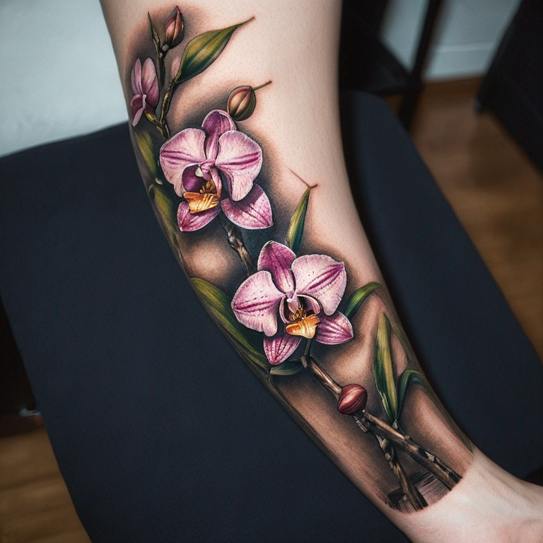 Tatouage sur la cheville  d'une branche d'orchidée longue, fine et élégante-tattoo