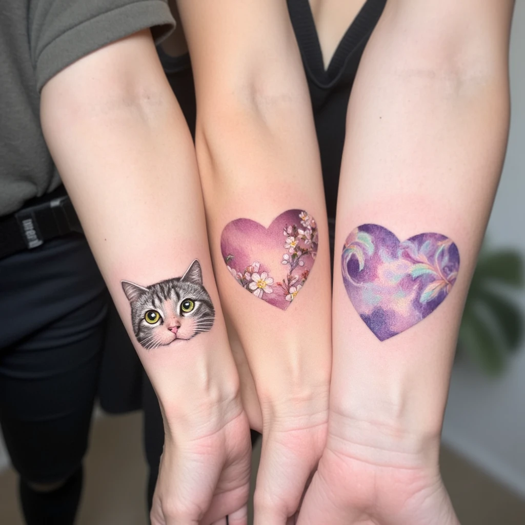 Tatouage sur 3 bras différents entre frères et sœurs. Le tatouage est à chaque fois un petit chat, mais dans une position différente-tattoo