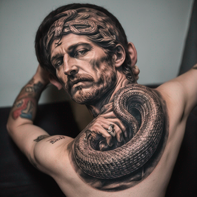 Serpent enroulées autour d'une statue grecque-tattoo