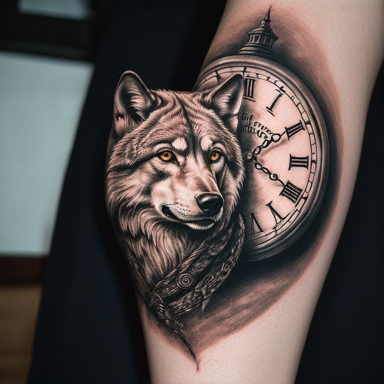 un oeil de loup mechant de profil dans une horloge en chiffre romain avec la phrase "The quiet ones are often the ones with surprises"-tattoo