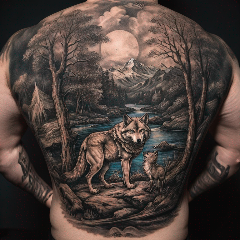 Un sablier avec un paysage à l'intérieur et avec un loup et un aigle-tattoo