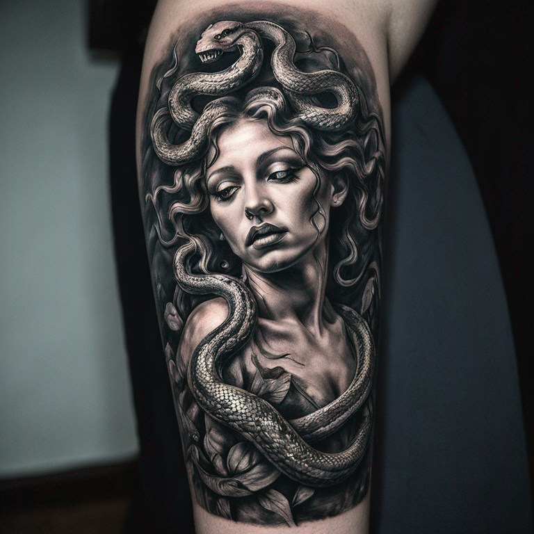 medusa with snakes trying to catch a butterlfy in black and grey-tattoo