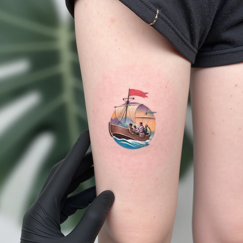 bateau a l'ancienne qui représente la sagesse et le depassenment de soit-tattoo