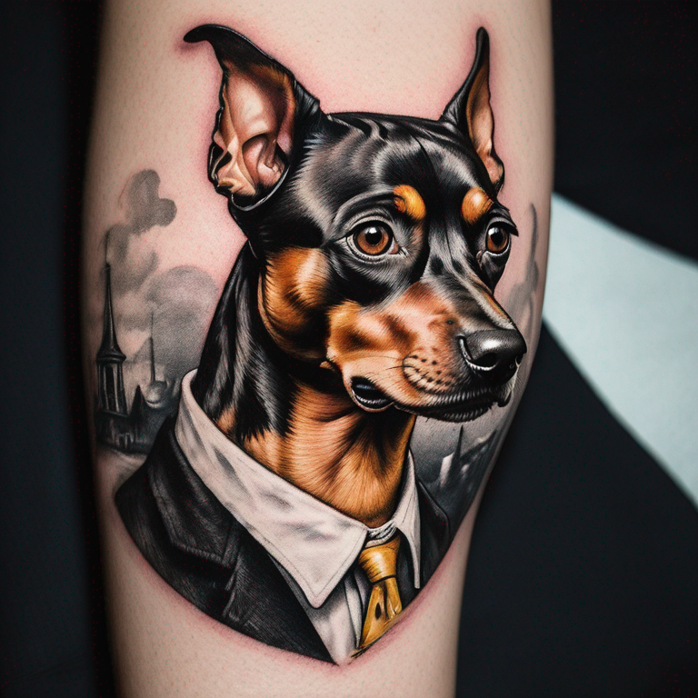 cuatro perros uno pincher negro, otro pinsher amarillo con blanco, otro pinscher cafe con blanco, otro pncher balnco con negro-tattoo