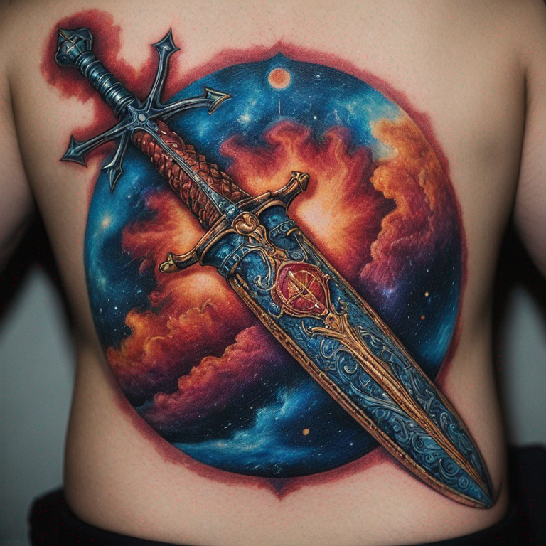 sello de san miguel arcangel con la espada de san miguel arcangel fusionado rodeados de una nebulosa de colores donde predomine el azul-tattoo