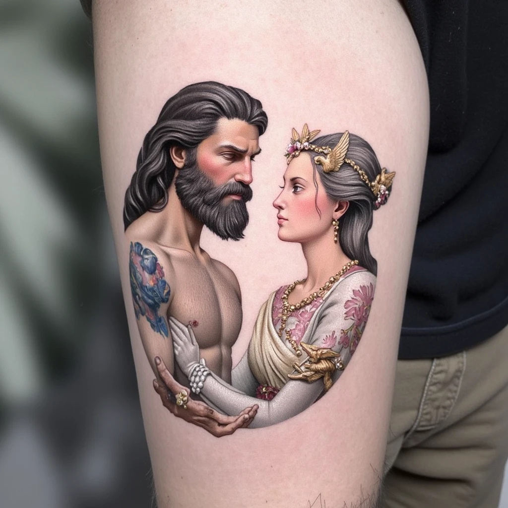 zeus et athena en dessous 3 ange en dessous 2 petit ange qui tienne en lesse un cerberus-tattoo