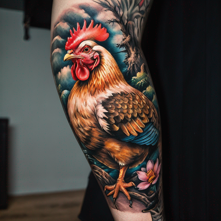 un poulet en style japonais en couleur sur la cuisse sans fond-tattoo