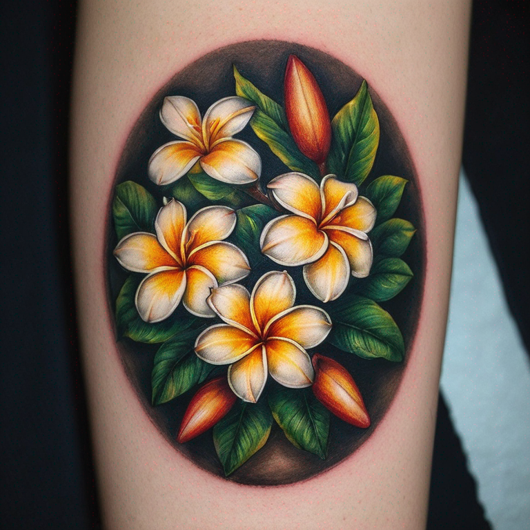 fleurs de frangipanier qui descend de l'épaule à la poitrine-tattoo