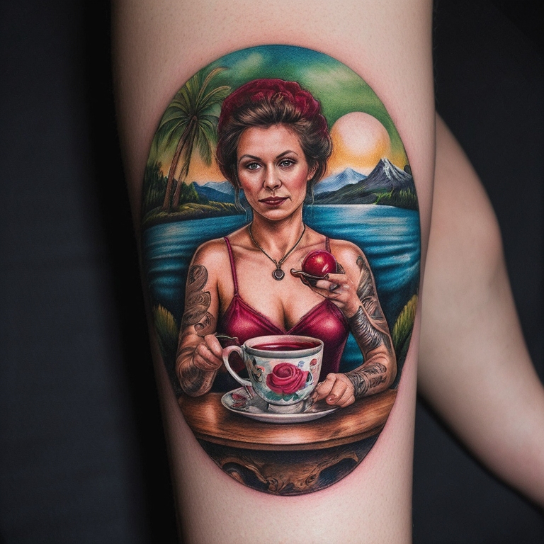 crée moi un tatouage avec un sachet de thé et met à l'intérieur un kiwi, une framboise, un roller et une famille-tattoo