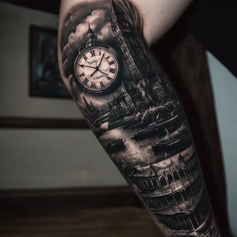 sur l"avant bras droit  deux horloge cassées avec un fond  de la ville de gotham-tattoo