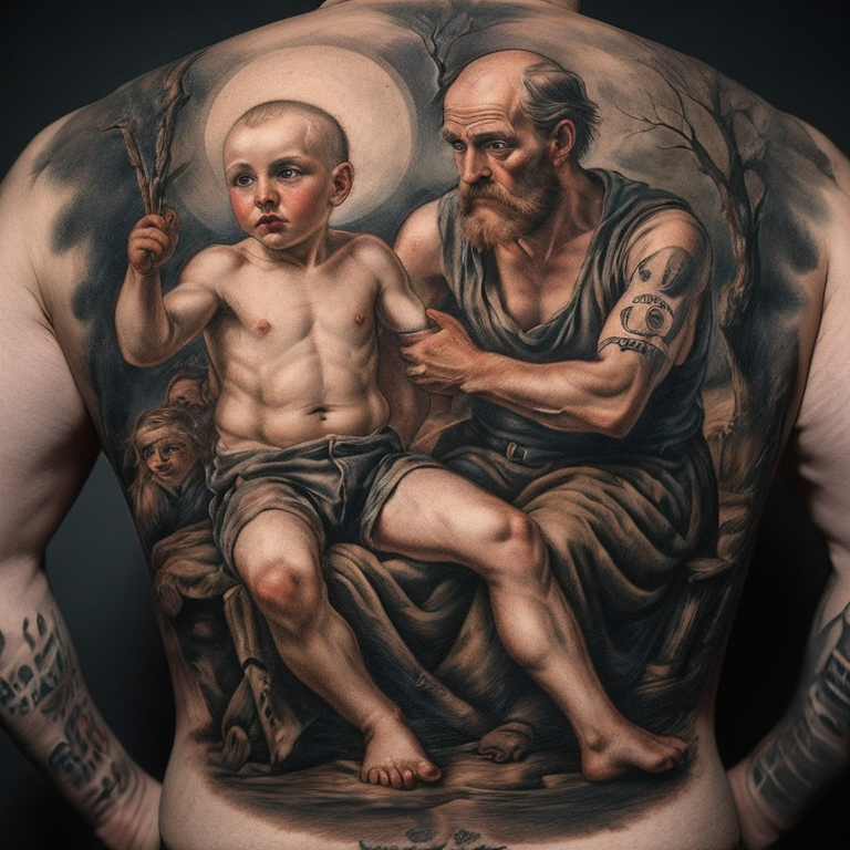 Un pere qui abandonne son fils et son fils part vers dieu le pere (chretien) le petit garcon s’en va en courant et baissant la tete. Ils sont dos a dos, cest une scene eloignee-tattoo