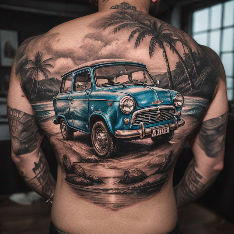 carro na praia no ano novo com musica alta e amigos-tattoo