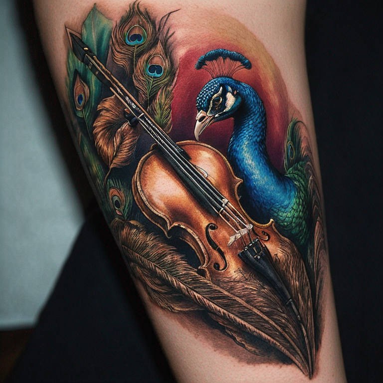 Peacock feather tied up with a shaft of an arrow and has a hidden violin-tattoo