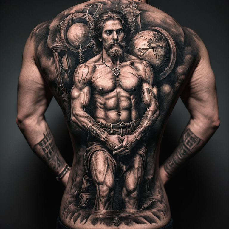 Atlas aguantando un corazon. El hombre de vitrubio de fondo-tattoo