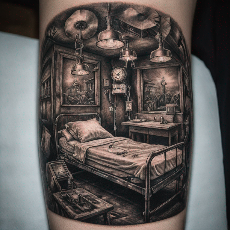 A hospital ward with beds and medical equipments-tattoo