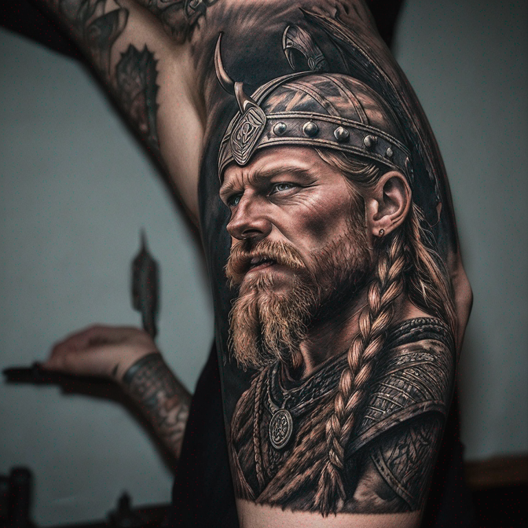 Un tatouage viking re prennant la rhune Kennaz qui va de lavant bras à  l'épaule-tattoo