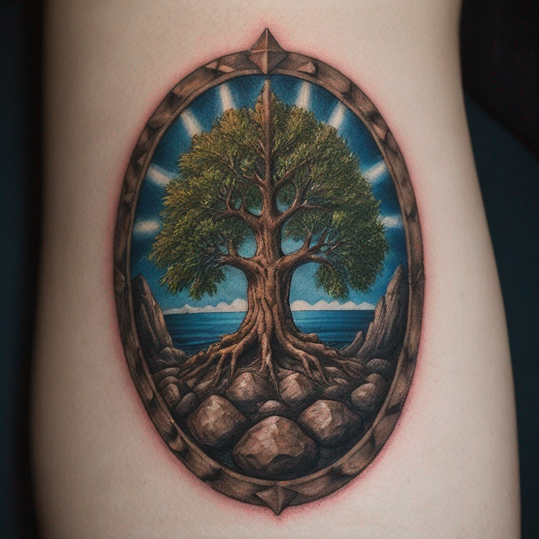 corona de laurel con cruz arborea sobre piedras en el centro de la corona-tattoo