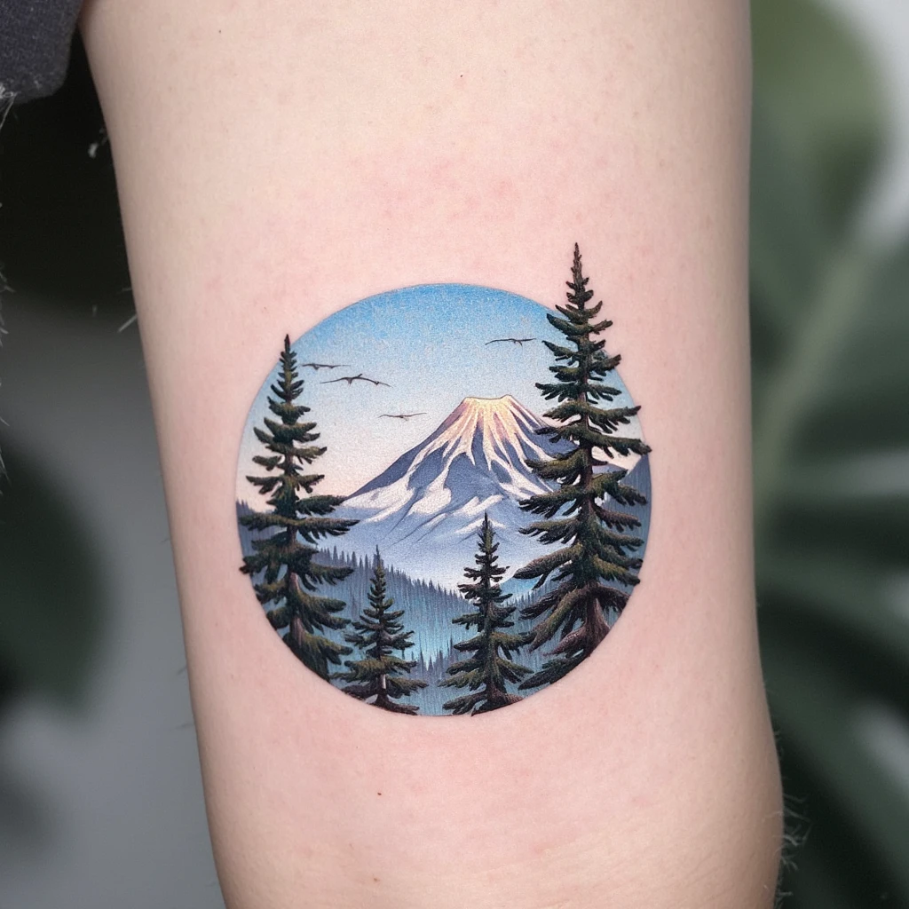 pine trees with mountain range in the background-tattoo