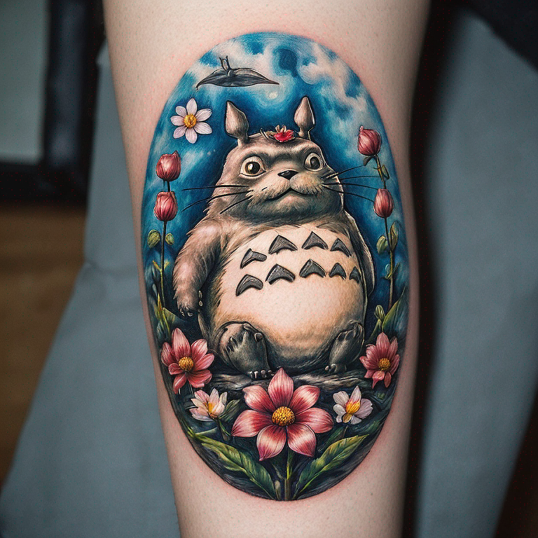 totoro avec des fleurs-tattoo