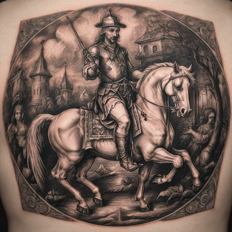 cheval au pré devant un pigeonnier-tattoo