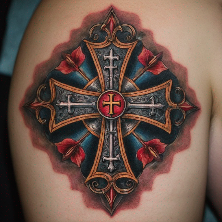 croix jésus avec écrit "in hoc signo vinces" au milieu enroulé d'une fleur de lys et avec un templier derrière-tattoo