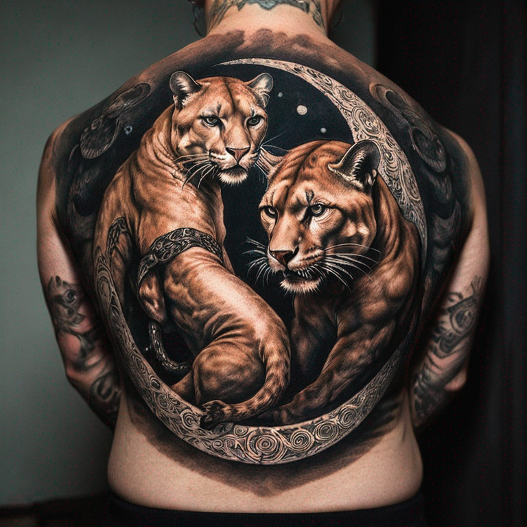 A panther and a cougar in a ying yang styled tattoo-tattoo